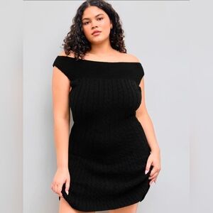 New Cider Black 2xl Cable Knit Boat Neck Solid Mini Dress 